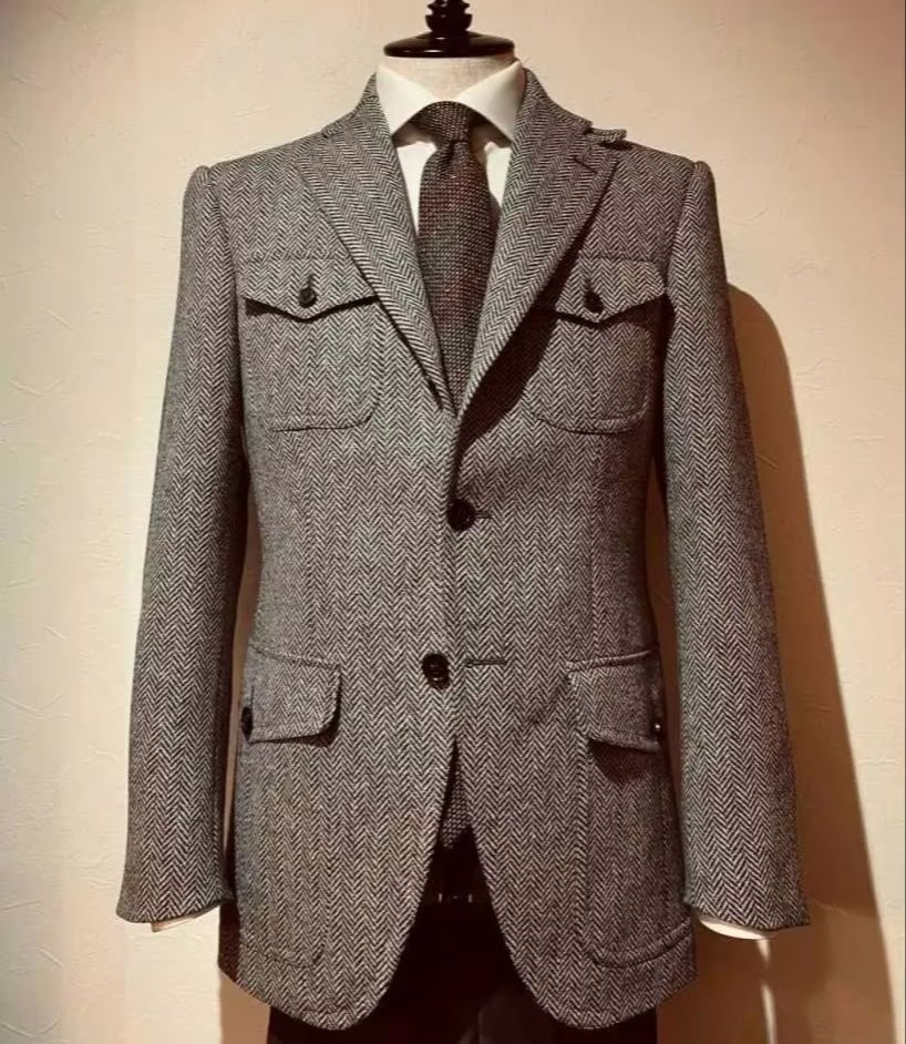 Safari Outdoor Hunting Jackets - Vintage Herringbone Tweed Wool Men Safari