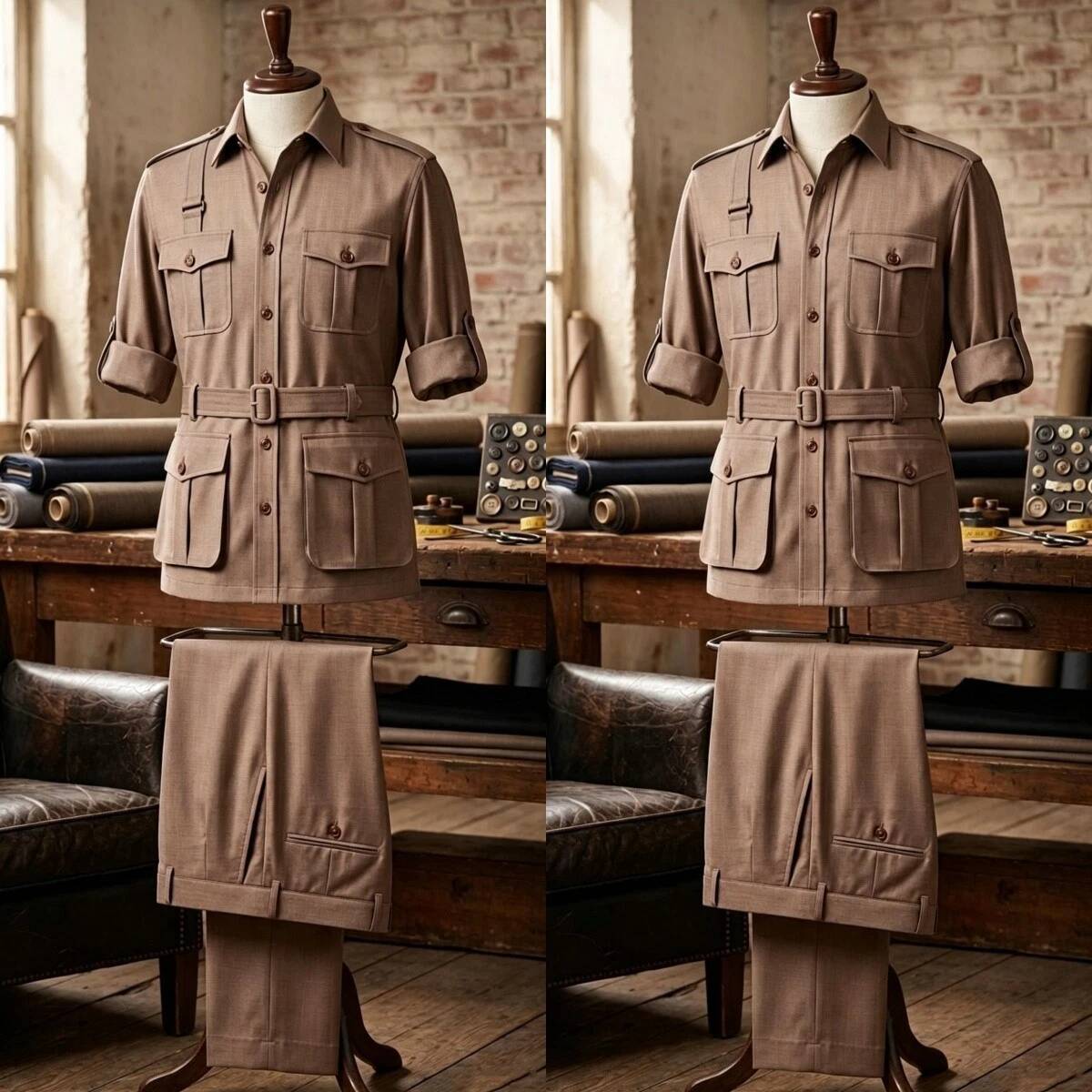 Khaki 2 Pieces Men's Safari Su - đánh giá và giá Safari Outdoor Hunting Jackets